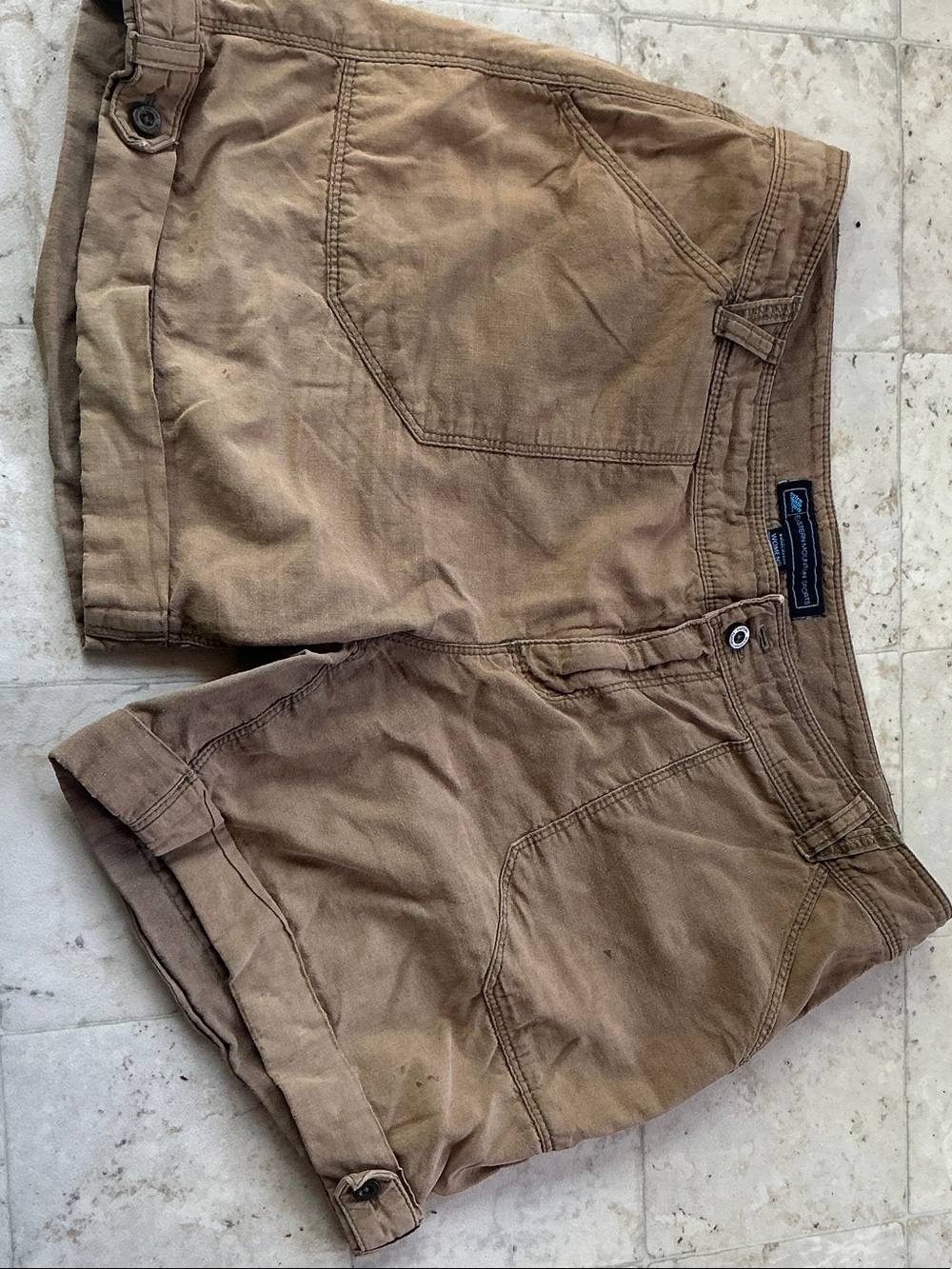 Eastern Mountain Sports Women's Tan Canvas Shorts with Teal Logo Trim